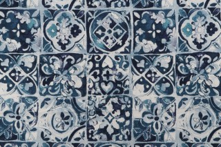 Ellen Degeneres Petra Tile Printed Cotton Drapery Fabric in Denim