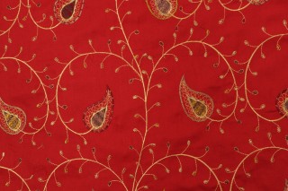 Assyrian Vine Embroidered Cotton Drapery Fabric in Amaryllis 