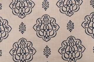 Fabricut Vern Yip Trend #4 Medallion Damask Metallic Printed Linen Drapery Fabric in Navy 