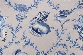 Thibaut Sumba Shell F95744 Printed Linen Blend Drapery Fabric in Blue on Natural