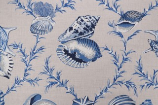 Thibaut Sumba Shell F95744 Printed Linen Blend Drapery Fabric in Blue on Natural