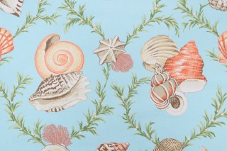 Thibaut Sumba Shell F95746 Printed Cotton Drapery Fabric in Sky Blue