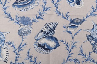 Anna French Sumba Shell F95744 Printed Linen Blend Drapery Fabric in Blue on Natural for Thibaut
