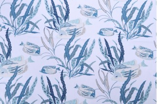 Stof France Colisa Printed Cotton Twill Drapery Fabric in Bleu