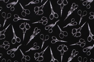 Gail Cadden Sewing Room - Tossed Sewing Scissors Printed Cotton Craft Fabric in Black for Timeless Treasures 