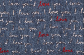 Ellen Degeneres I Love You Printed Cotton Drapery Fabric in Denim