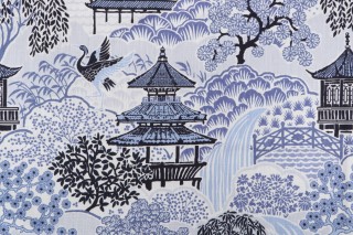 Mill Creek Tea House-Briard Printed Cotton Blend Drapery Fabric in Ocean Blue 