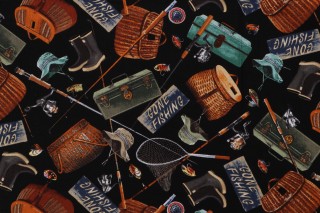 Timeless Treasures Cabin Rules - Fishing Gear Printed Cotton Craft Fabric in Black 