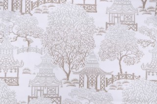 P Kaufmann Kyoto Pagoda Printed Cotton Drapery Fabric in Silver Mist 
