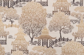 P Kaufmann Kyoto Pagoda Printed Cotton Drapery Fabric in Antique Gold 