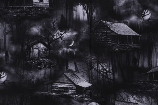 Fabrics Of SoHo Wicked - Spooky Cabins In The Woods Printed Cotton Craft Fabric in Smoke for Timeless Treasures 