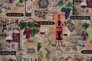 Fabrics Of SoHo Wine Country - Vintage Wine and Grape on Text Printed Cotton Craft Fabric in Beige for Timeless Treasures 