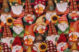 Gail Cadden Fabrics of SoHo Cider Season - Harvest Gnomes Printed Cotton Craft Fabric in Black for Timeless Treasures 