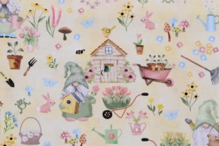 Gail Cadden Gnome Grown - Gnome Grown Garden Scene Printed Cotton Craft Fabric in Yellow for Timeless Treasures 