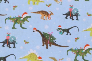 Timeless Treasures Santa-Saurus - Dinosaurs Santa Printed Cotton Craft Fabric in Blue 