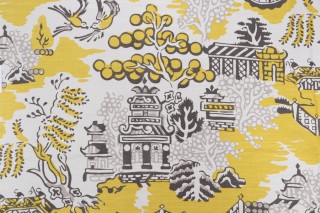 Anna French Luzon F936109 Printed Linen Blend Drapery Fabric in Grey and Lemon for Thibaut 