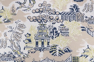 Anna French Luzon F936110 Printed Linen Blend Drapery Fabric in Navy on Beige for Thibaut 