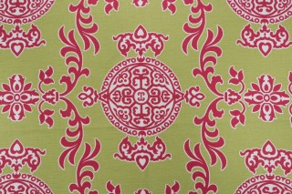 Thibaut Halie F936112 Printed Linen Blend Drapery Fabric in Green & Raspberry 