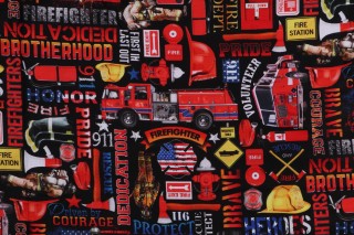 Fabrics Of SoHo Fire Rescue - Firefighter Equipment And Text Printed Cotton Craft Fabric in Black for Timeless Treasures