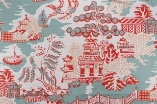 Anna French Luzon F936107 Printed Linen Blend Drapery Fabric in Aqua and Coral for Thibaut