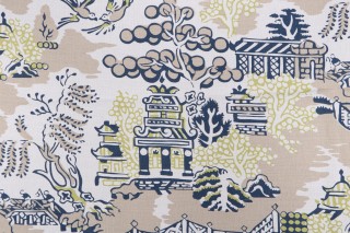 Anna French Luzon F936110 Printed Linen Blend Drapery Fabric in Navy on Beige for Thibaut