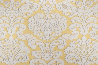 Sample of Thibaut Trelawny Damask F914216 Printed Linen Blend Drapery Fabric in Yellow 