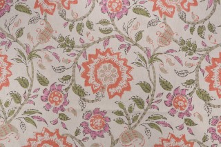 Sample of Thibaut Sevita F964113 Printed Linen Blend Drapery Fabric in Fuchsia and Coral 