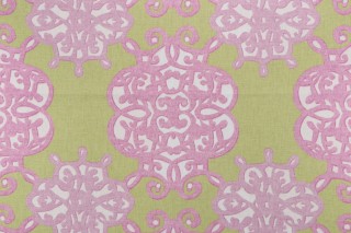 Sample of Thibaut Jakarta F98613 Printed Linen Blend Drapery Fabric in Green & Lavender 