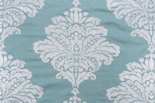 Thibaut Arturo Damask W713015 Embroidered Drapery Fabric in White and Turquoise