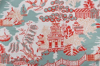 Anna French Luzon F936107 Printed Linen Blend Drapery Fabric in Aqua and Coral for Thibaut