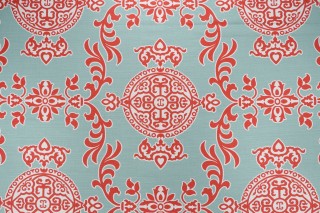 Thibaut Halie F936113 Printed Linen Blend Drapery Fabric in Aqua and Coral