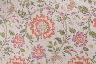 Sample of Thibaut Sevita F964113 Printed Linen Blend Drapery Fabric in Fuchsia and Coral 
