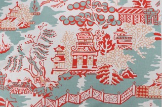 Thibaut Luzon F936107 Printed Linen Blend Drapery Fabric in Aqua and Coral