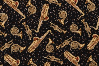 Timeless Treasures Classical Music - Tossed Brass Instruments Printed Cotton Craft Fabric in Black 