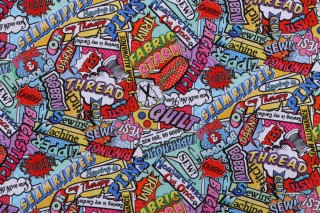 Timeless Treasures Sewing Room - Sewing & Quilting Words Comic Printed Cotton Craft Fabric in Multi