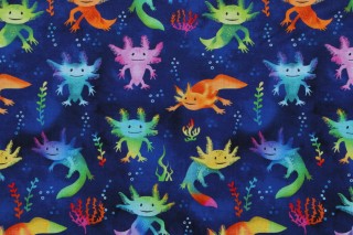 Gail Cadden Ocean Life - Cute Axolotl Salamanders Printed Cotton Craft Fabric in Royal for Timeless Treasures