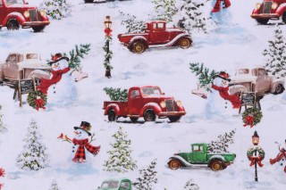 Dona Gelsinger Frosty Delights - Snowman & Trucks Printed Cotton Craft Fabric in White for Timeless Treasures 