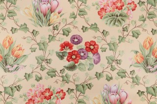 Grey Watkins Le Treillage Printed Cotton Drapery Fabric in Coral on Apricot for Scalamandre