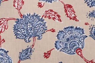Robert Allen Agathe Printed Linen Drapery Fabric in Red and Blue