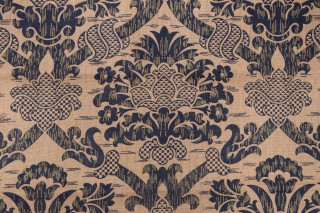 Scalamandre Schloss on Hessian Printed Jute Drapery Fabric in Blue/Gold