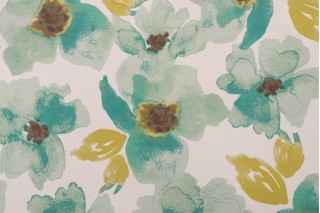 Turquoise Floral Printed Polyester Outdoor Fabric in Fieldhouse Green