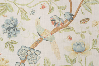 Acquitaine Water Garden Printed Linen Drapery Fabric in Porcelain