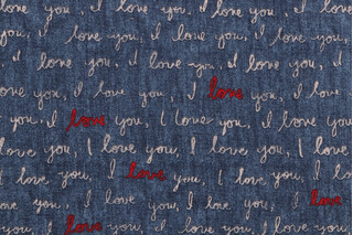 Ellen Degeneres I Love You Printed Cotton Drapery Fabric in Denim