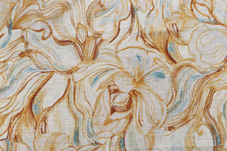 Wavy Floral Printed Linen Drapery Fabric in Mustard/Light Blue