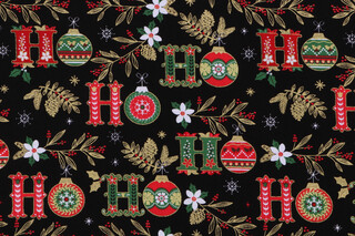 Timeless Treasures Christmas Magic - Hoho Text & Christmas Floral Printed Cotton Craft Fabric in Black
