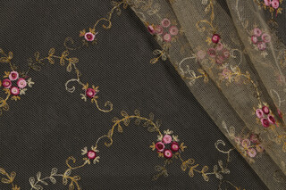 Old World Weavers Florinette Sheer Embroidered Drapery Fabric in Rose/Green