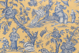 Scalamandre Ming Printed Cotton Drapery Fabric in Yellow/Blue