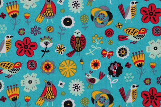 Emma & Mila BF Birds & Flowers Printed Cotton Craft Fabric in Turquoise