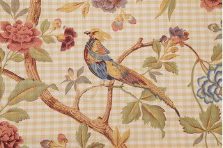 Scalamandre Faison On Gold/Beige Ticking Check Printed Drapery Fabric in Rose