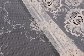 Scalamandre Fleurville Embroidered Sheer Lace Drapery Fabric in Beurre Beige